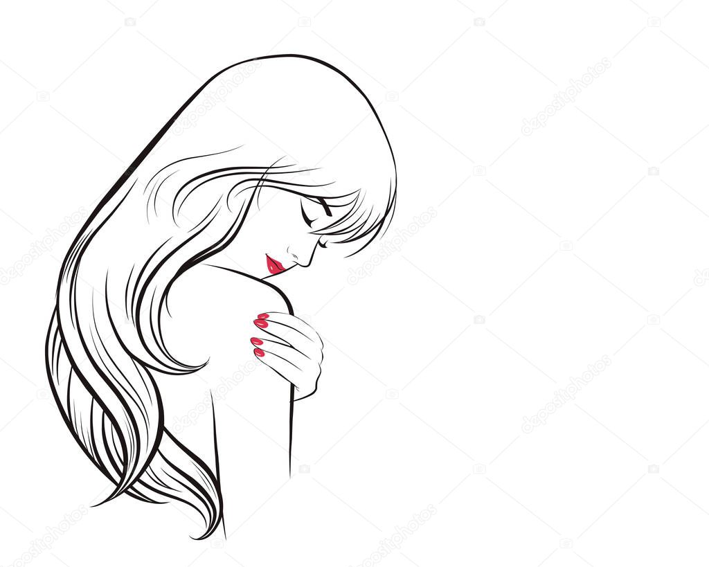 girl face long hair portrait isolated on white background. hand drawn vector illustration line art