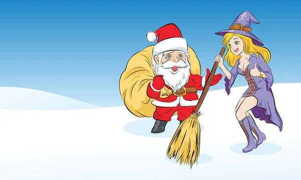 Der Weihnachtsmann Leiht Sich Einen Hexenbesen Geschenke Verteilen Vektor Illustration — Stockvektor