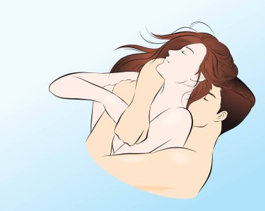 Sevgi dolu genç çift kucaklaşması yatakta birlikte yatıyordu. Vektör illüstrasyonu karikatür el çizimi