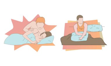 Sevgi dolu genç bir çift sarılır ve birlikte yatağa uzanır. Yatakta yalnız bir adam. Vektör illüstrasyonu karikatür el çizimi