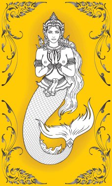 Tayland klasiği denizkızı. sarı arka planda. Vektör illüstrasyonu karikatür el çizimi