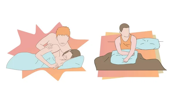 若いカップルの抱擁を愛し 一緒にベッドに横たわっていた ベッドの上で孤独だベクトルイラスト孤立した漫画の手描き — ストックベクタ