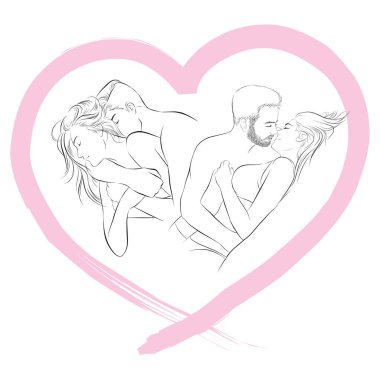 Sevgi dolu genç çift kucaklaşması yatakta birlikte yatıyordu. Kalp şeklinde öp ve sarıl. Vektör illüstrasyonu karikatür el çizimi