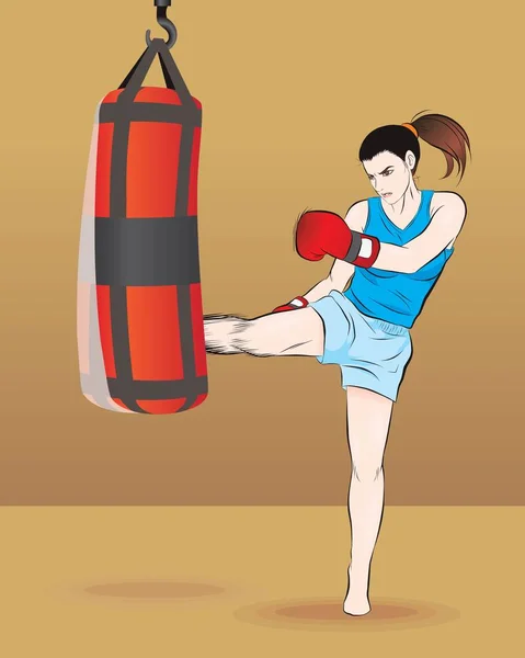 Thai girl boxing with punching bag. line hand drawn. vector illustration isolated cartoon