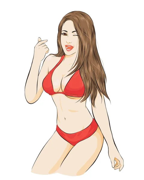 Sexy Girl Show Mini Coeur Robe Bikini Rouge Illustration Vectorielle — Image vectorielle