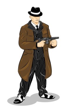 Mafya beyaz arka planda duruyor. Şapka tak ve silahı tut. Vektör illüstrasyonu karikatür el çizimi arka plan