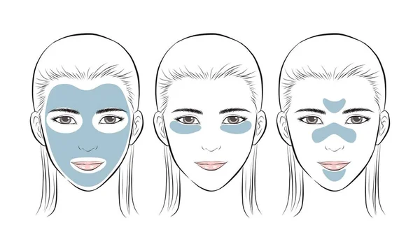 Meisjesgezicht Lang Haarportret Verschillende Schoonheidsmaskers Geïsoleerd Witte Achtergrond Handgetekende Vectorillustratie — Stockvector