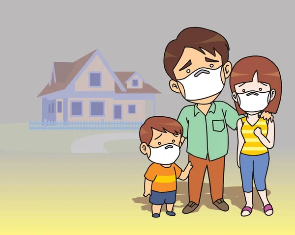 Family wearing mask against smog. People in masks because of fine dust PM 2.5, Fine dust, air pollution, industrial smog protection concept. vector illustration isolated cartoon hand drawn background