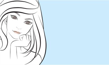 girl face long hair portrait isolated on light blue background. hand drawn vector illustration