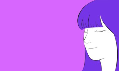 girl face long hair portrait isolated on violet background. hand drawn vector illustration