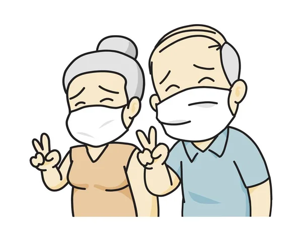 Old Man Old Woman Show Two Finger Wear Mask Protect — Stock Vector
