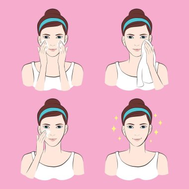 Cilt bakımı güzel kızı temizler. Vektör çizimi izole edildi