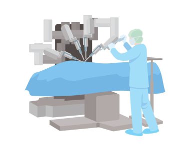 Robot cerrahi ya da bilgisayar destekli operasyon konsepti. Karaciğer operasyonu ekranda. Uzaktan Tıp 'ta Robot. Doktorlar endüstriyel yapay zeka kullanır. Fütürist Tıp Kliniği. Vektör çizimi izole edildi