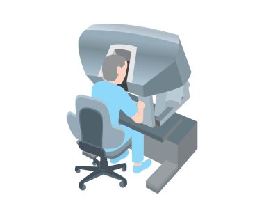 Robot cerrahi ya da bilgisayar destekli operasyon konsepti. Karaciğer operasyonu ekranda. Uzaktan Tıp 'ta Robot. Doktorlar endüstriyel yapay zeka kullanır. Fütürist Tıp Kliniği. Vektör çizimi izole edildi