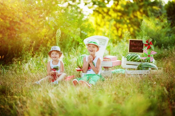 Zwei Geschwister spielen in Wassermelonenverkäufern mit großen altmodischen weißen Schuppen. emotionale Kinder Jungen und Mädchen mit großen Wassermelonen im Park. gesunde Biolebensmittel für Kinder — Stockfoto