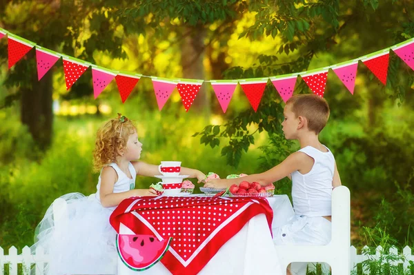 Dos niños hermano y hermana comen y beben en un hermoso picnic decorado. Niños hambrientos niño y niña comiendo al aire libre. Qué hacer en verano con los niños. Camisetas decoradas con sandía — Foto de Stock