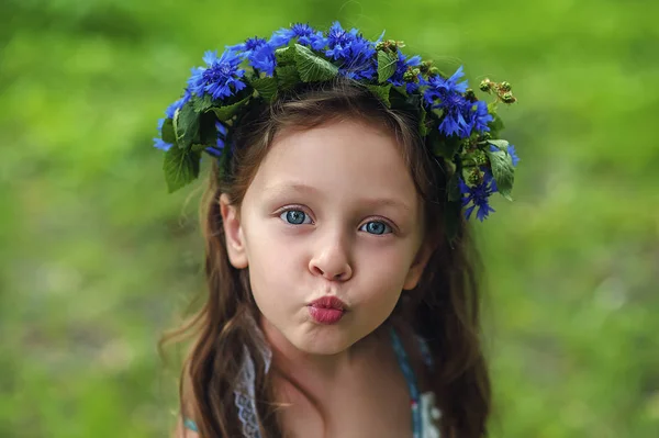 Portret pięknej 5-letniej dziewczyny z niebieskimi oczami w wieńcu z chwastów z kwiatów kukurydzy w okresie letnim z pocałunkiem wyraz twarzy. Lato gęsty czas dla alergików. Środki odstraszające owady — Zdjęcie stockowe