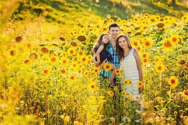 Aile babası anne ve 5 yaşındaki kızı ayçiçeği tarlasında dikiliyorlar. Aşk, birliktelik, güven, aile yaz tatili. Gün batımında ayçiçeği. Aile günü. Ebeveynler ve çocuklar — Stok fotoğraf