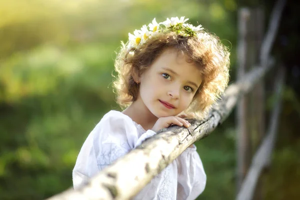 Retrato de niña hermosa rizada de 5 años de edad en vestido de bordado ucraniano tradicional blanco cerca de valla de madera con corona de manzanilla en la cabeza en las montañas de los Cárpatos, Ucrania. Primavera, verano, alergia . — Foto de Stock