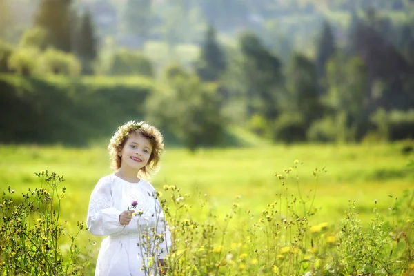 Lächelndes 5-jähriges Mädchen in weißer traditioneller Stickerei ukrainisches Kleid und Kamillenkranz auf der Wiese im Sommer mit Karpaten im Hintergrund. Reiseziel in der Ukraine. — Stockfoto