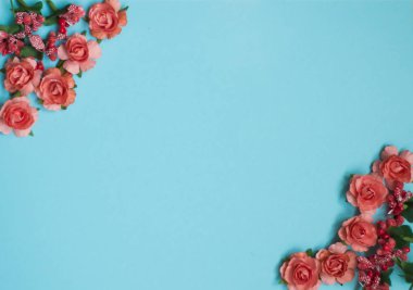 Sanat baharı geçmişi. Mavi arka planda pembe çiçeklerin üst görüntüsü. Uzayı metin için kopyala. Anneler Günü, Kadınlar Günü 8 Mart.