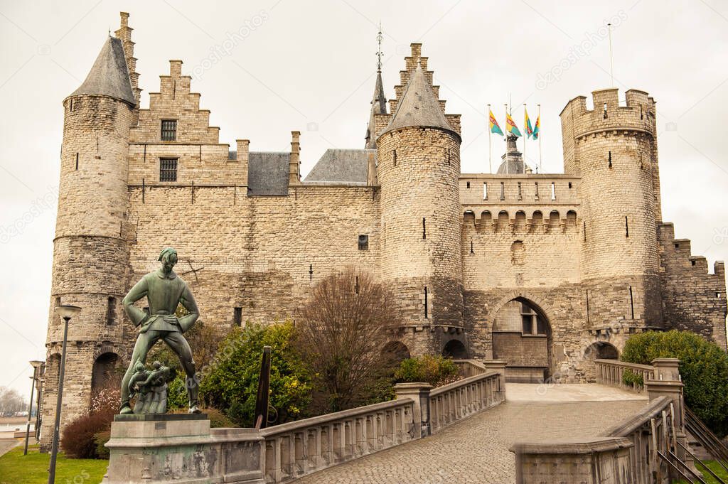 Medieval Castle Het Steen in Antwerp, Belgium in cloudy spring autumn day. Famous touristic destination Antwerpen, Belgium, Benelux.