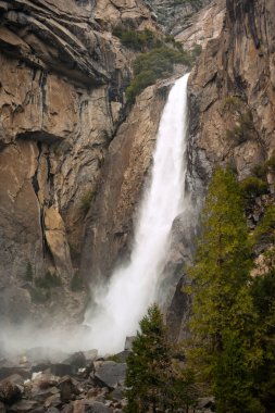 Yosemite Vadisi, Yosemite Ulusal Parkı, Kaliforniya, Usa 'da şelale, kayalar ve büyük sekoya ile dikey manzara. Seyahat turizmi gezisi. Güçlü şelale manzarası.
