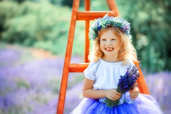 Portrait Happy Cute Little Blonde Curly Girl Wearing Lavender Dress — Stock Photo, Image