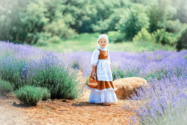 Cute Little Blond Kręcone Dziewczyny Vintage Brązowej Sukience Koronki Fartuch — Zdjęcie stockowe