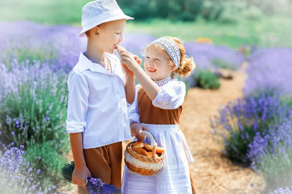 Escena Pueblo Con Niños Ropa Vintage Medio Del Campo Lavanda — Foto de Stock