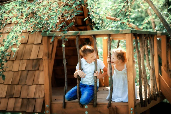 Μικρό Αγόρι Και Κορίτσι Που Παίζουν Δεντρόσπιτο Στο Πάρκο Του — Φωτογραφία Αρχείου