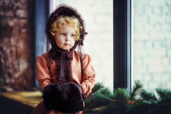 Little Beautiful Years Old Curly Blonde Girl Brown Vintage Retro — Stock Photo, Image