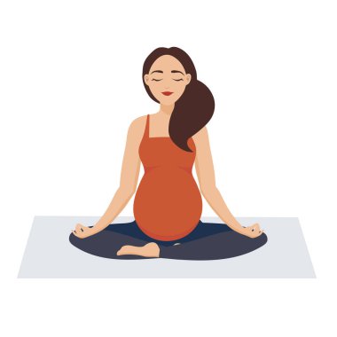 Hamile kız yoga yapıyor. Aktif bir hayat yaşayan bir kadın fiziksel egzersizlerle meşgul olur. Asana 'lı kız meditasyon yapıyor.