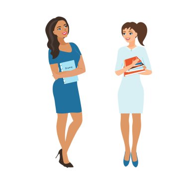 Kız öğrenciler, liseli kızlar bir yığın kitap tutuyor. Kızlar gülümsüyor, okul yılının başlamasını bekliyorlar. Farklı milletlerden gözbebekleri. Beyaz arkaplanda vektör illüstrasyonu.