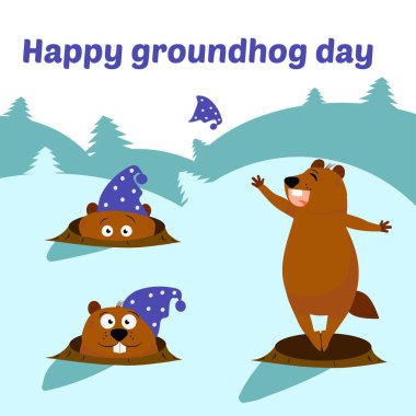 Beyaz arkaplanda izole edilmiş vektör düz çizim. Mesaj at. Köstebek Günü tasarımınız kutlu olsun. Bir dizi parlak dağ sıçanı. Şapkalı şirin dağ sıçanı, gece şapkası uyandığında vizona tırmanıyordu.