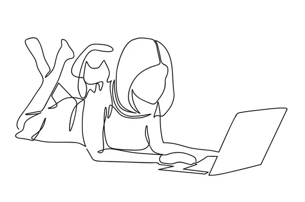 Chica trabaja en un ordenador portátil de forma remota, ilustración de una línea — Archivo Imágenes Vectoriales