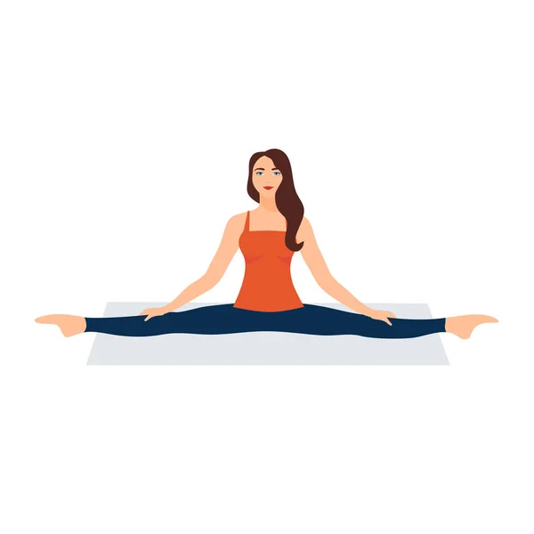 Vector illustratie op witte achtergrond. Asana 's met touw in yoga. Mooie jonge vrouw doet stretching gymnastiek oefeningen. Vrouw zit in een sportief oranje relaxed T-shirt — Stockvector
