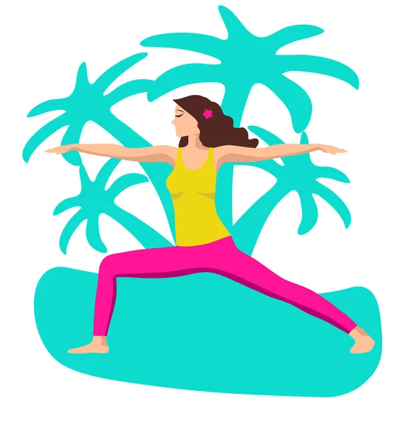 Vektör illüstrasyonu kız yoga yapıyor ve palmiye ağaçlarının arka planında sakinleşiyor. Rahatla, iyi bir zaman yönetimi konsepti. Beyaz arkaplanda düz tasarım — Stok Vektör