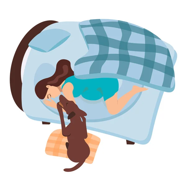 Una chica embarazada se despierta. El perro despierta a una mujer embarazada. La chica con su mascota está durmiendo en la cama. Turquesa mañana antes de dar a luz. Manta a cuadros . — Vector de stock