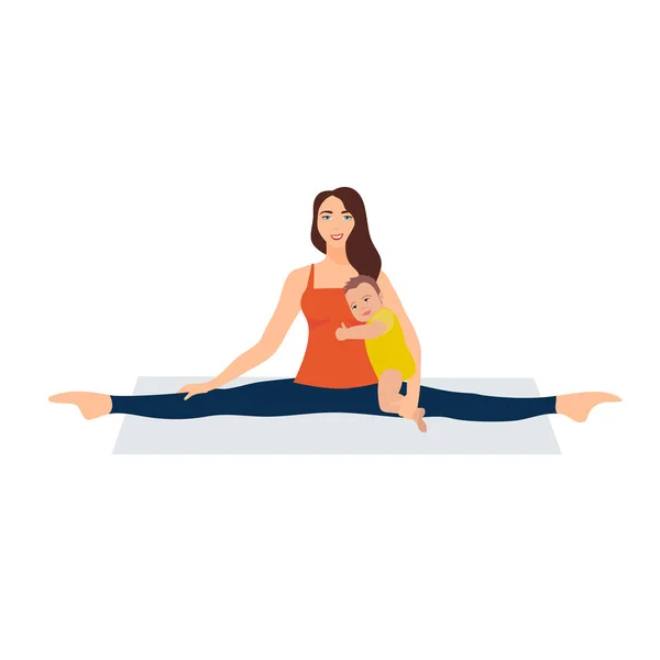 Vector illustration on white background. Asanas with twine in yoga. Beautiful young woman doing stretching gymnastic exercises. A woman sits with a baby in her arms. Yoga mom plus baby — Stock Vector