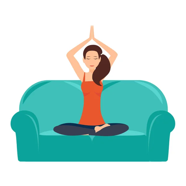 Yoga di rumah ilustrasi dengan gadis muda yang cantik duduk di pose teratai di sofa dan interior modern. Gambar vektor diisolasi pada latar belakang putih. Tangan di atas kepala di Namaste - Stok Vektor