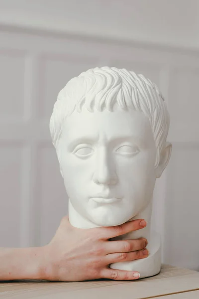 A female hand holds a plaster sculpture of Caesar's head by the neck. The sculpture stands on a wooden table in a classic interior — Stock Photo, Image