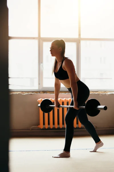 Treinador de fitness fazendo exercício para os músculos das costas com barra em estúdios de sol com grandes janelas — Fotografia de Stock