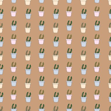 Güzel bir arka planı olan tencerelere basit yapraklı bir bitki çizilmiş..