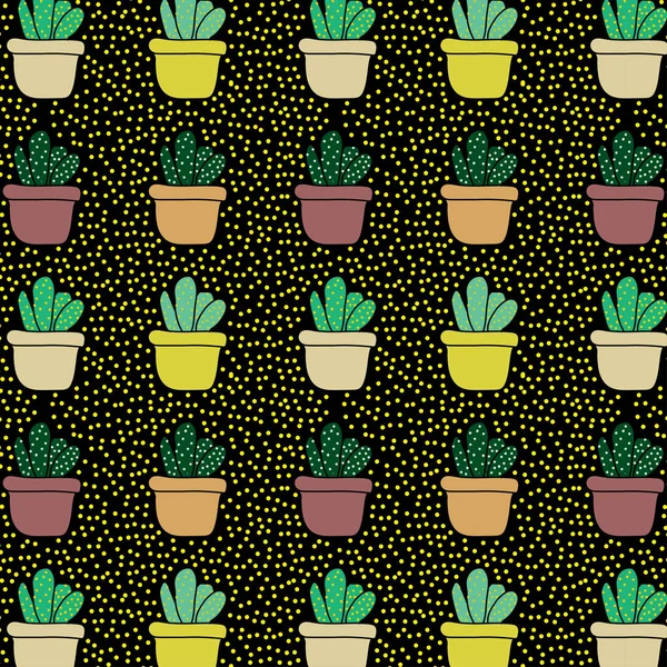 Рисованные вручную кактусные растения с точками на красивом фоне. Растения кактусов в домашних горшках. векторная иллюстрация для текстиля, ткани, одежды, печати . — стоковый вектор