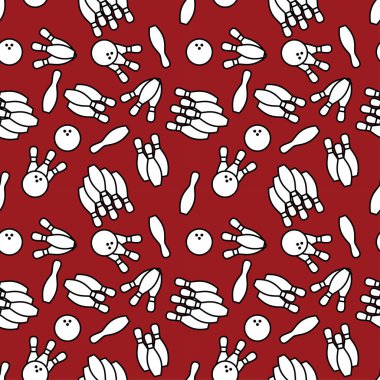 Kırmızı arka planda kusursuz bowling deseni. Bowling sporları geçmişi. Basit vektör illüstrasyonu.