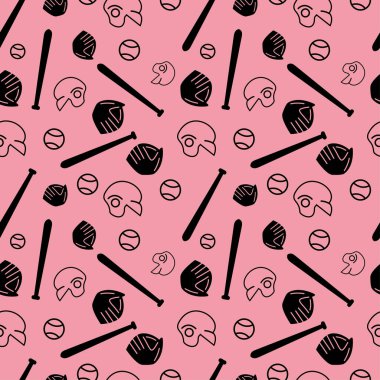 Pembe arka planda kusursuz beyzbol sopası, top, kask ve eldiven ikonu deseni. basit vektör tasarımı.