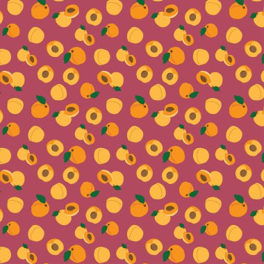 Elleri dikişsiz kayısı meyvesi ve kırmızı arka planda dilimlenmiş desen. meyve ve yapraklarla tekrarlanan meyve deseni.