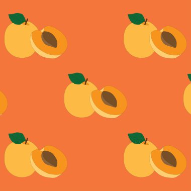 El çizimi dikişsiz kayısı meyvesi ve turuncu arka planda dilimlenmiş desen. meyve ve yapraklarla tekrarlanan meyve deseni.