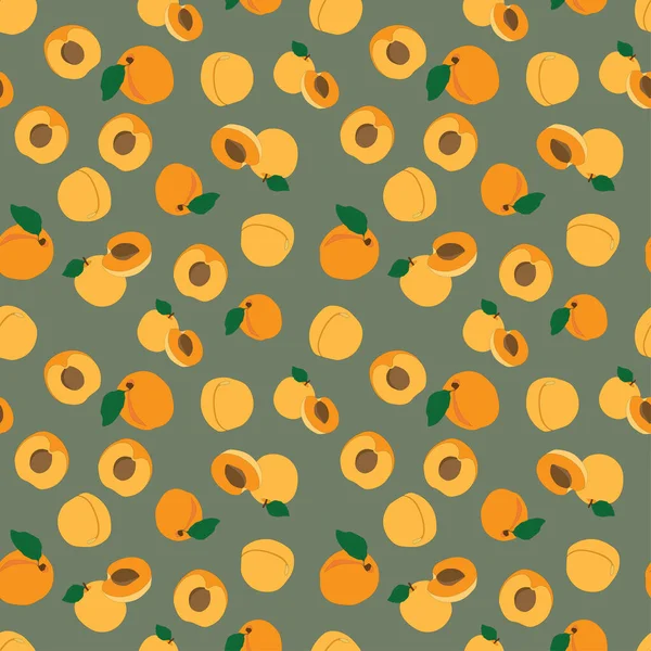Handgezeichnete Nahtlose Aprikosenfrüchte Und Schnittmuster Auf Grünem Hintergrund Fruchtmuster Mit — Stockvektor